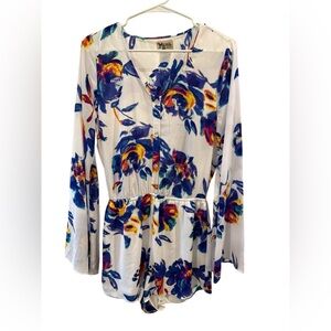 Show Me Your MuMu Red Rocks Romper Blue and Gold Long Sleeve Blouse Size M EUC